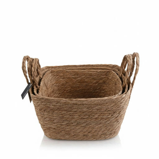 Set of Rustic Seagrass Baskets (3Pcs) – 13 x 9 x 8 / 15 x 11 x 9 / 16 x 12 x 10 in – by HenlePro