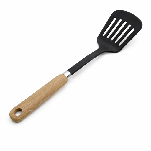 Slotted Spatula with Wood Grain Nylon Handle – L: 13.39 in x W: 3.15 in – by HenlePro