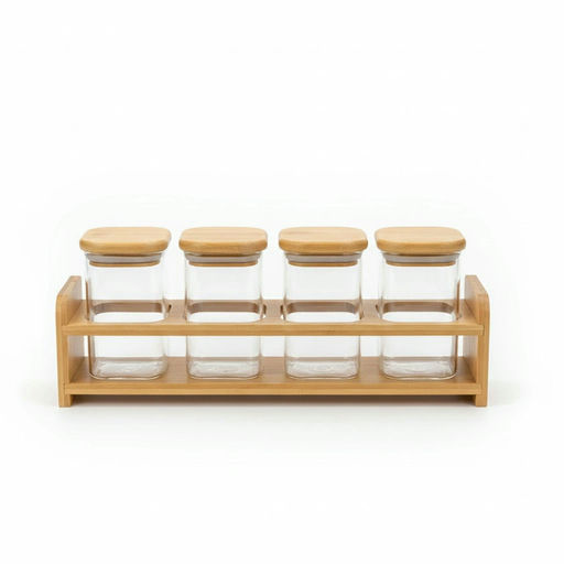 Glass Jar Set with Wooden Rack – L: 16.93 in x W: 4.72 in x H: 5.91 in – by HenlePro