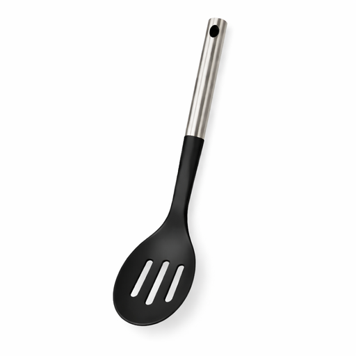Black Silicone and Stainless Slotted Spoon – L: 13.39 in x W: 3.54 in – by HenlePro
